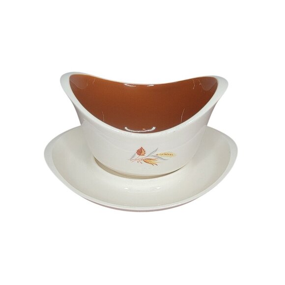 Mid-Century Modern Atomic Gravy Boat & Attached Underplate-- Fall Harvest Wheat - Picture 7 of 10